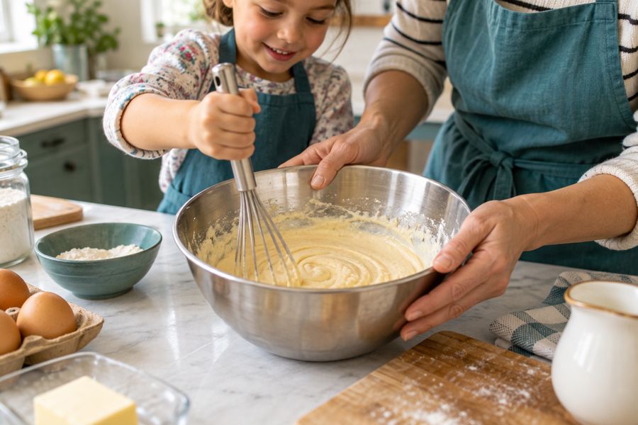 Enfant préparant une recette dans un saladier
