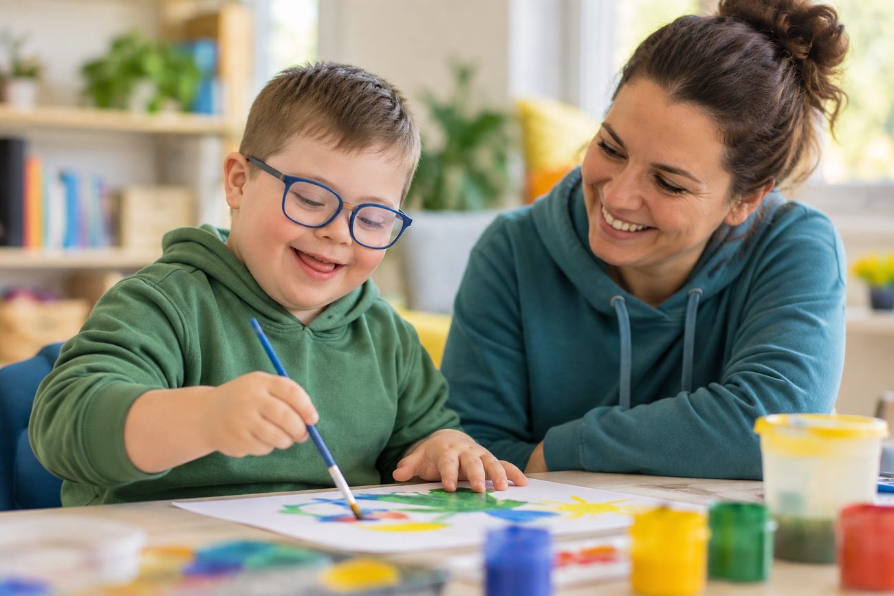 Un enfant et une accompagnante souriants, en train de peindre ensemble à la MEFA