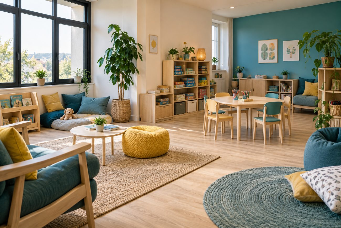 Espace de vie chaleureux de la MEFA, avec coin lecture, mur turquoise et grande table pour les activités